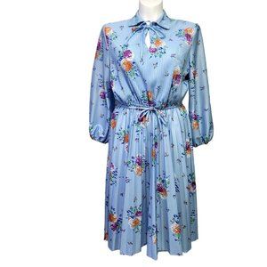 Vintage 70s Blue Floral Sheer Scarf‎ Tie Collar Pleated Secretary Midi Dress